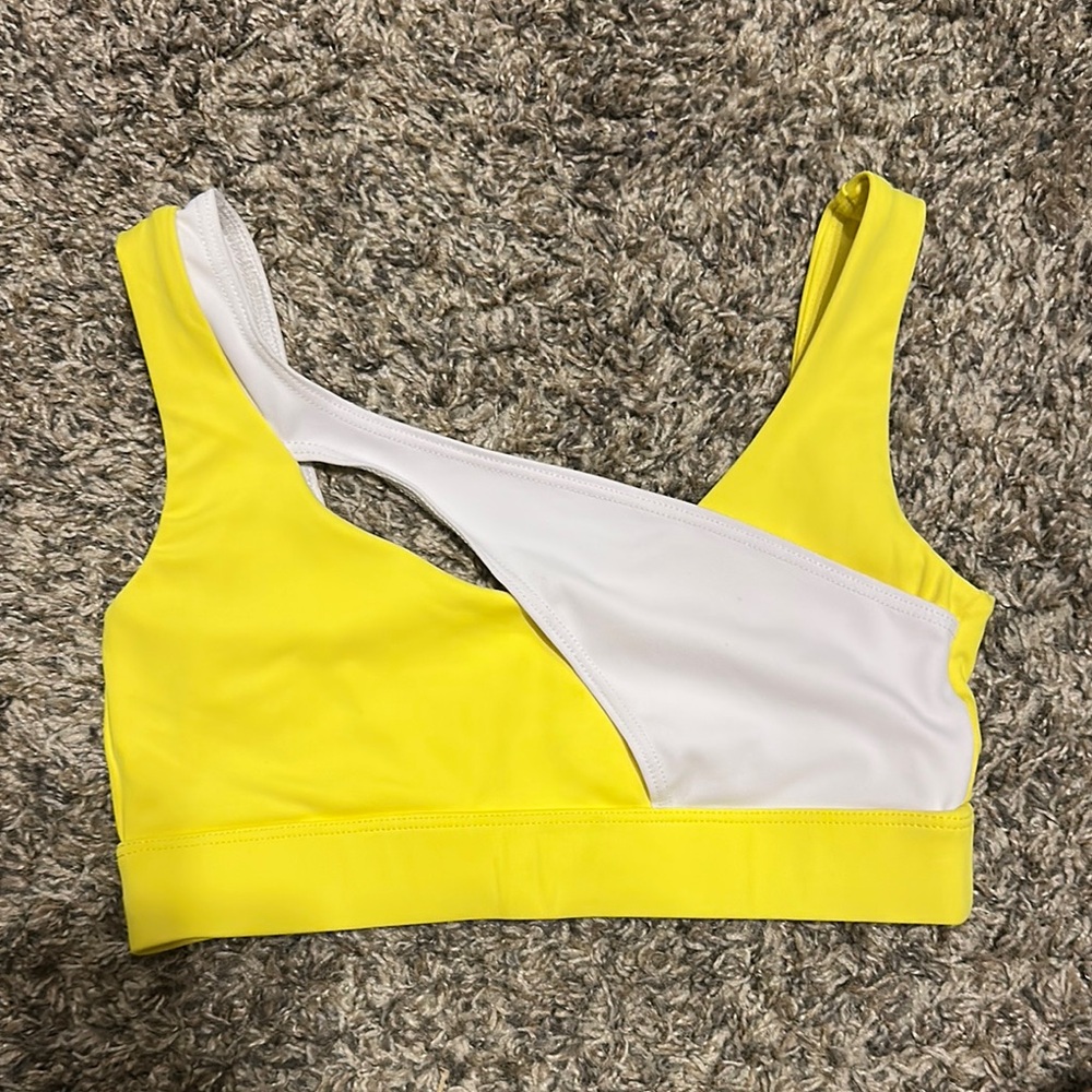 Yellow and White Asymmetrical Sports Bra